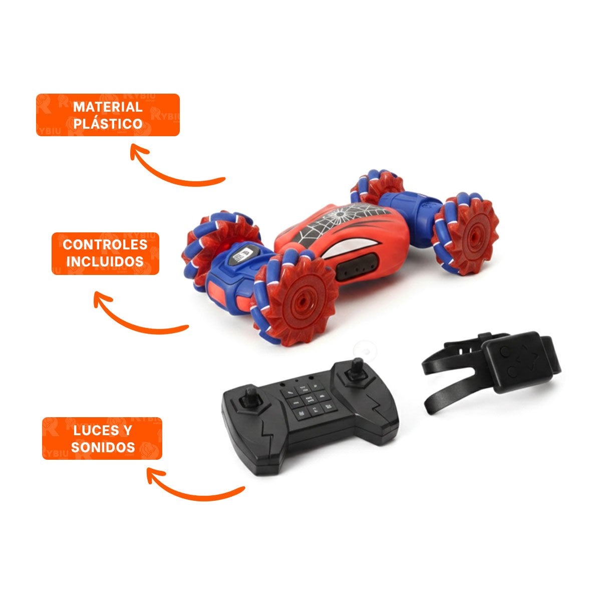 COCHE ACROBATICO CON CONTROL REMOTO Y RELOJ CONTROL PARA JUEGO CREATIVO TELARAÑA AZUL Y ROJO - 3