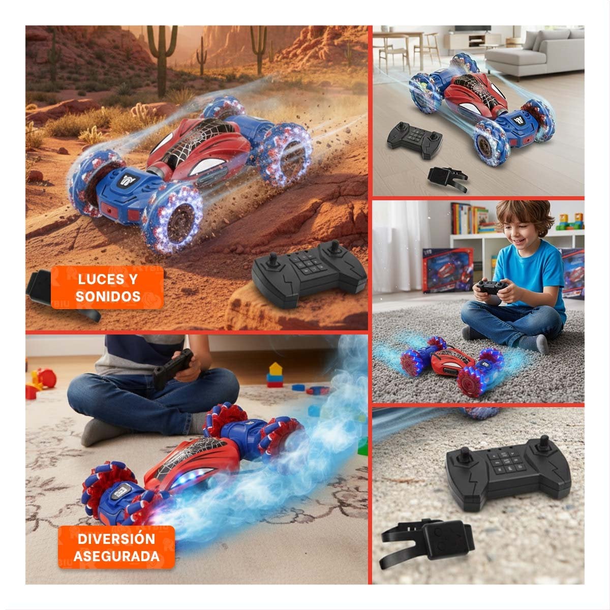 COCHE ACROBATICO CON CONTROL REMOTO Y RELOJ CONTROL PARA JUEGO CREATIVO TELARAÑA AZUL Y ROJO - 5