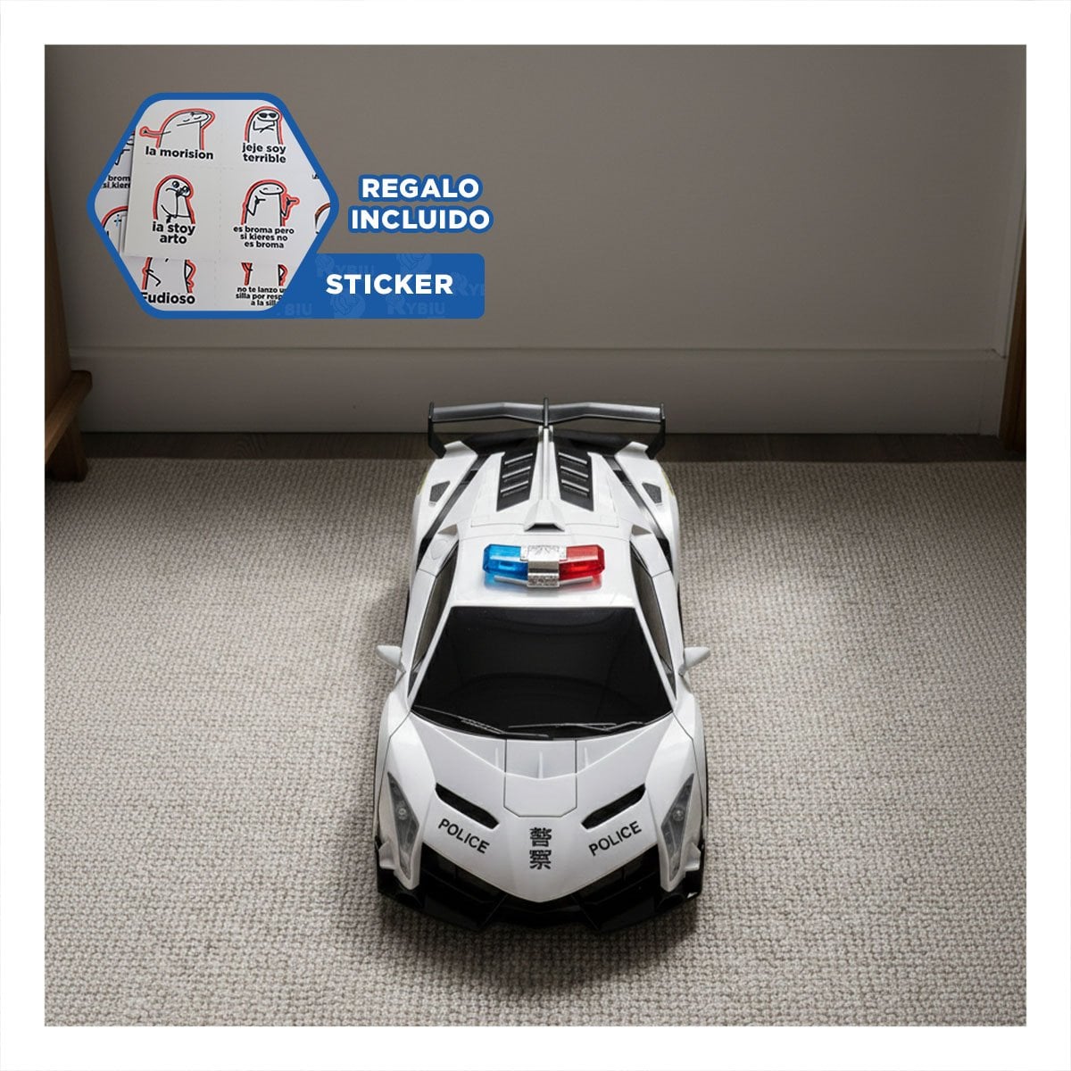 VEHICULO POLICIAL CON CONTROL REMOTO PARA JUEGO EN BLANCO Y AZUL 20X47X13CM Y+REGALO STICKER - 1