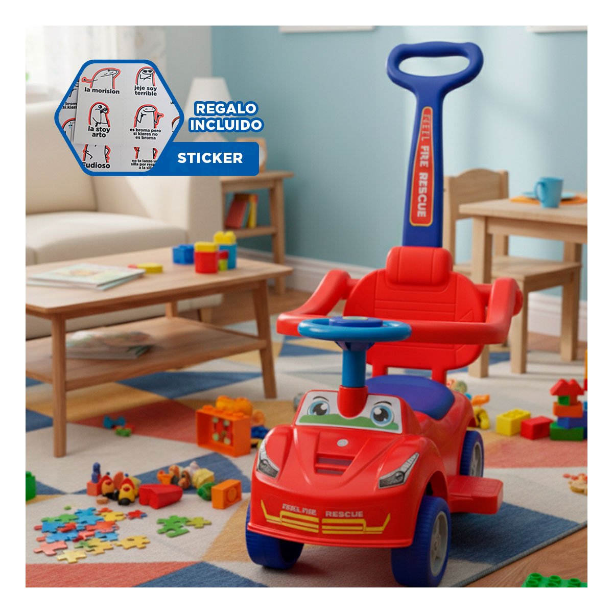 VEHICULO INFANTIL DE ARRASTRE CON MANGO DE EMPUJE Y DISENO OJOS Y+REGALO STICKER - 1