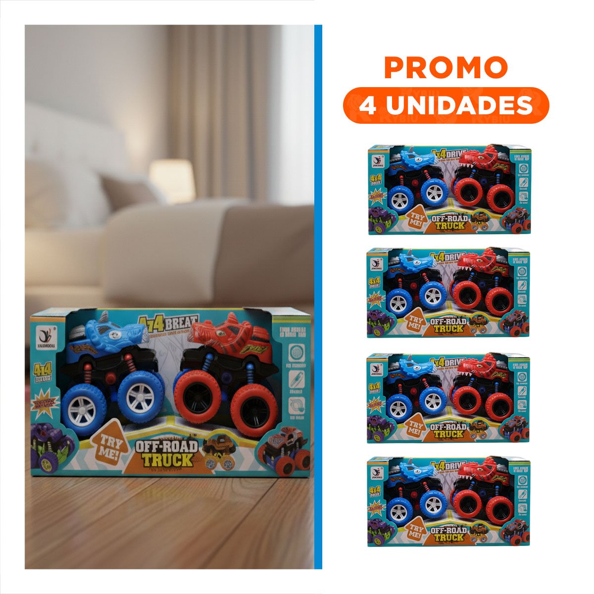 PACK4 AUTO DE ACCION MONSTER TRUCK EN CAJA RESISTENTE PARA DIVERSION EN CASA Y+REGALO STICKER - 1