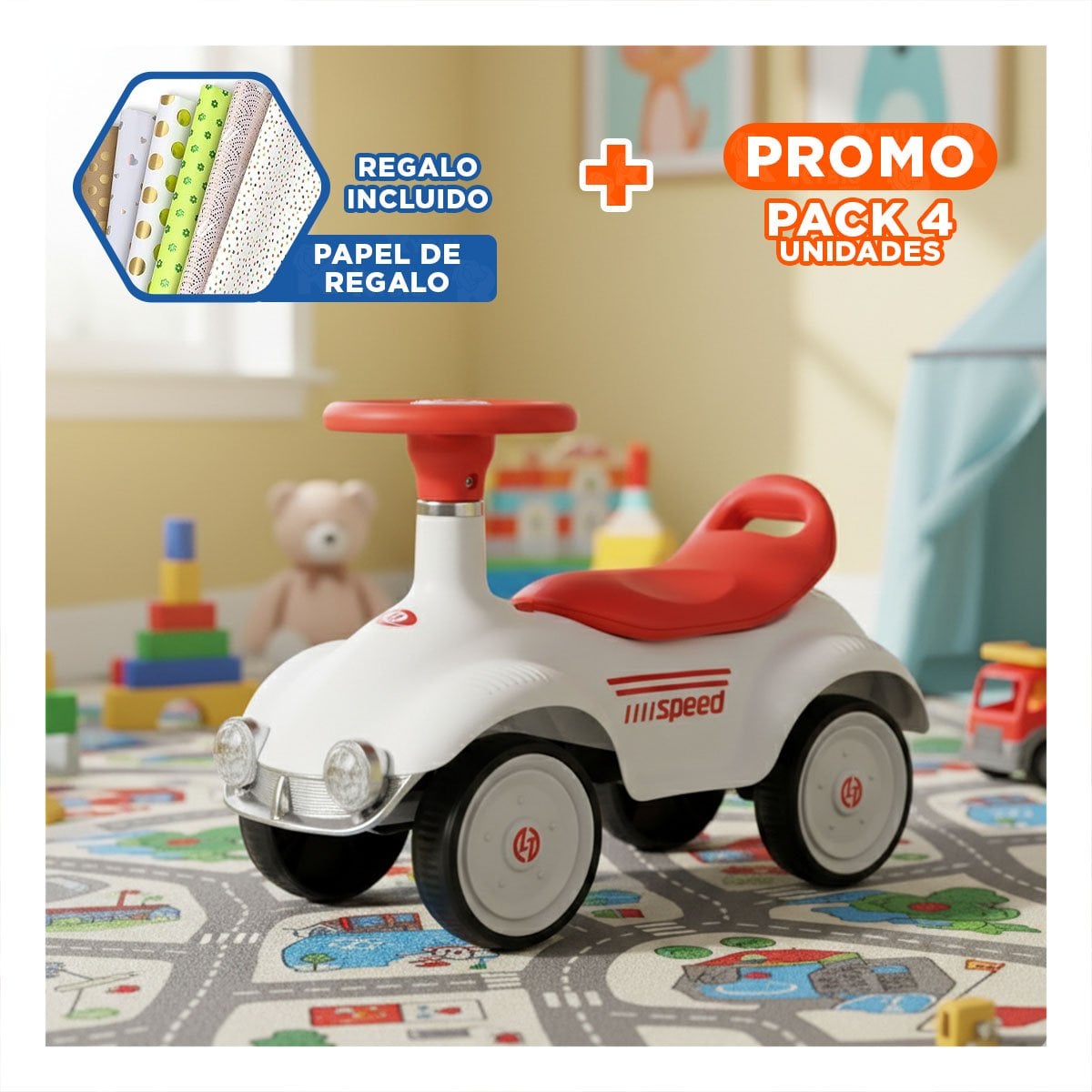 PACK4 ANDADOR DE ARRASTRE INFANTIL 54X33CM BLANCO Y NARANJA PARA JUEGO GUIADO Y+PAPEL REGALO - 1