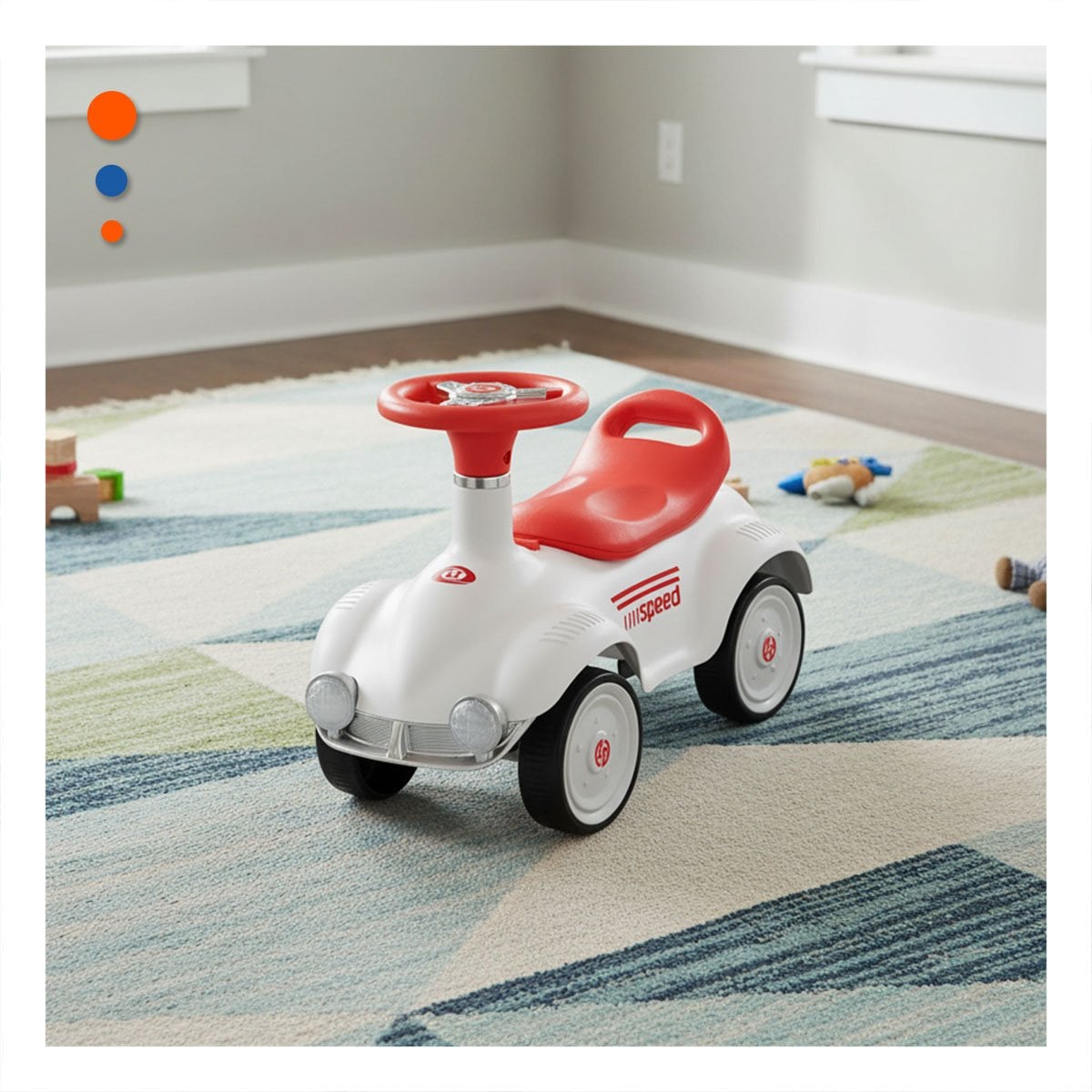 VEHICULO INFANTIL CON SISTEMA DE ARRASTRE 54X33CM BLANCO Y NARANJA - 1