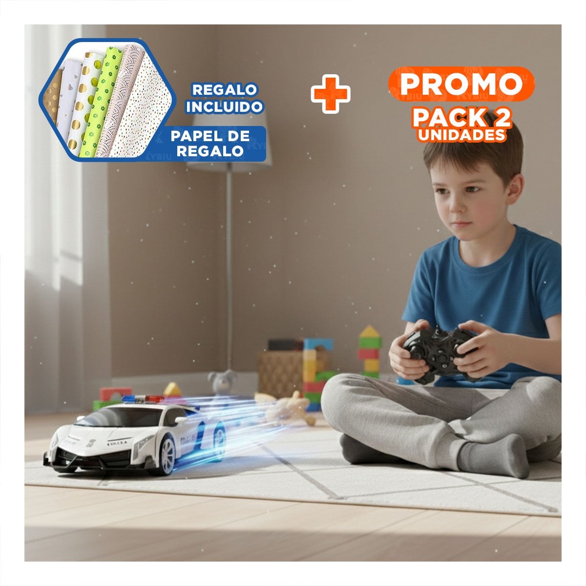 PACK2 PATRULLA POLICIA PARA ENTRETENIMIENTO COLOR BLANCO Y AZUL 20X47X13CM Y+PAPEL REGALO - 1