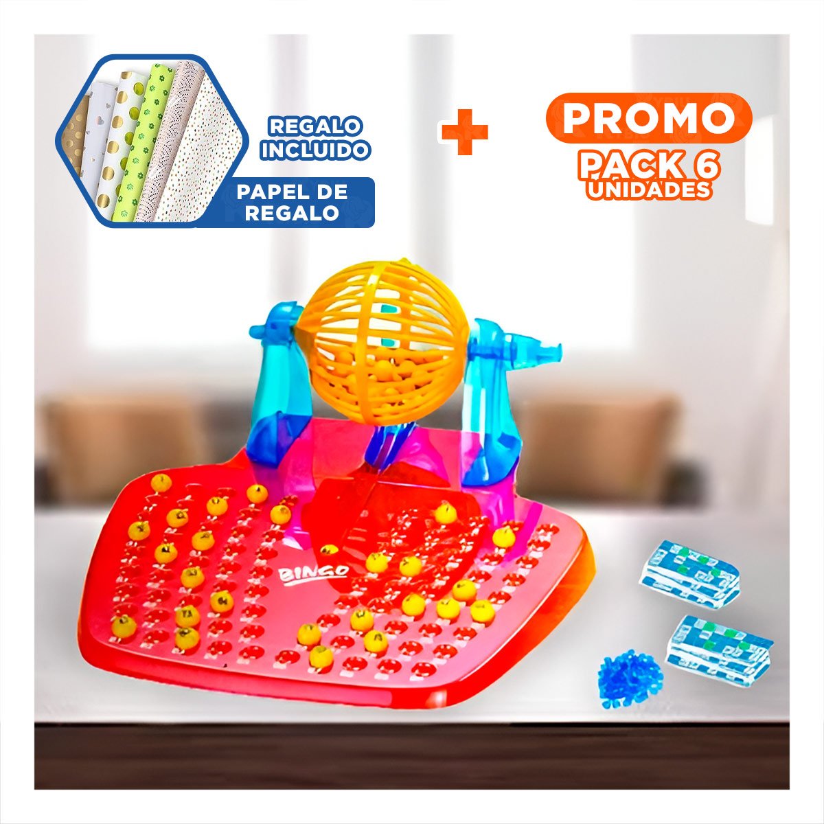 PACK6 DIVERSION DE MESA BINGO FAMILIAR PARA JUEGOS EN CASA Y+PAPEL REGALO - 1
