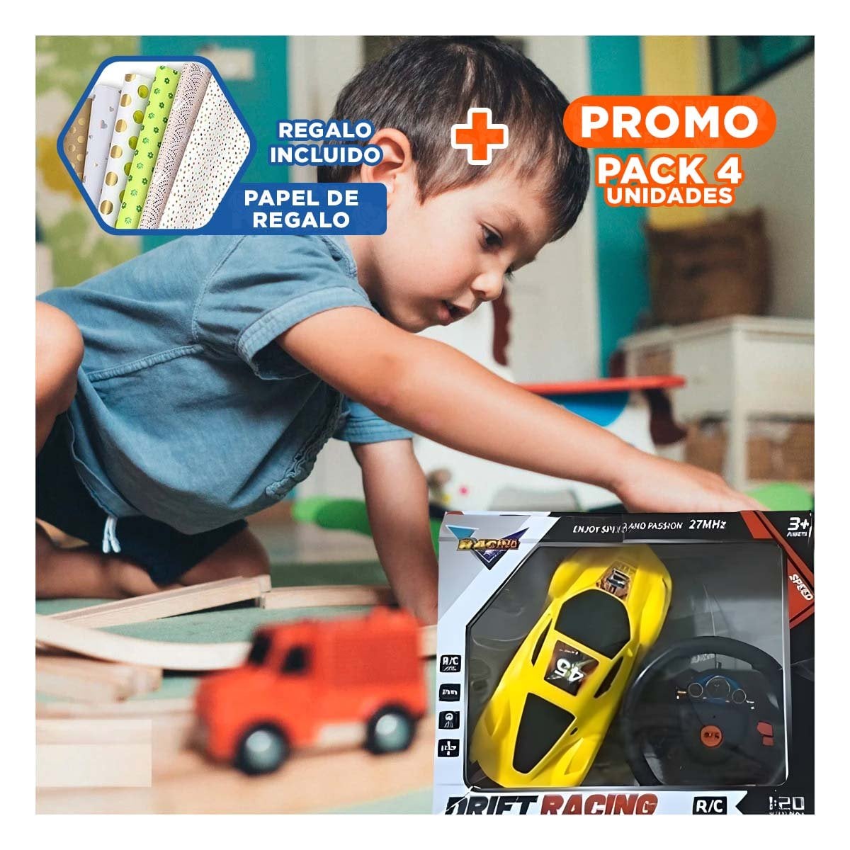 PACK4 COMPACTO CONTROL REMOTO AMARILLO PARA JUEGO Y+PAPEL REGALO - 1