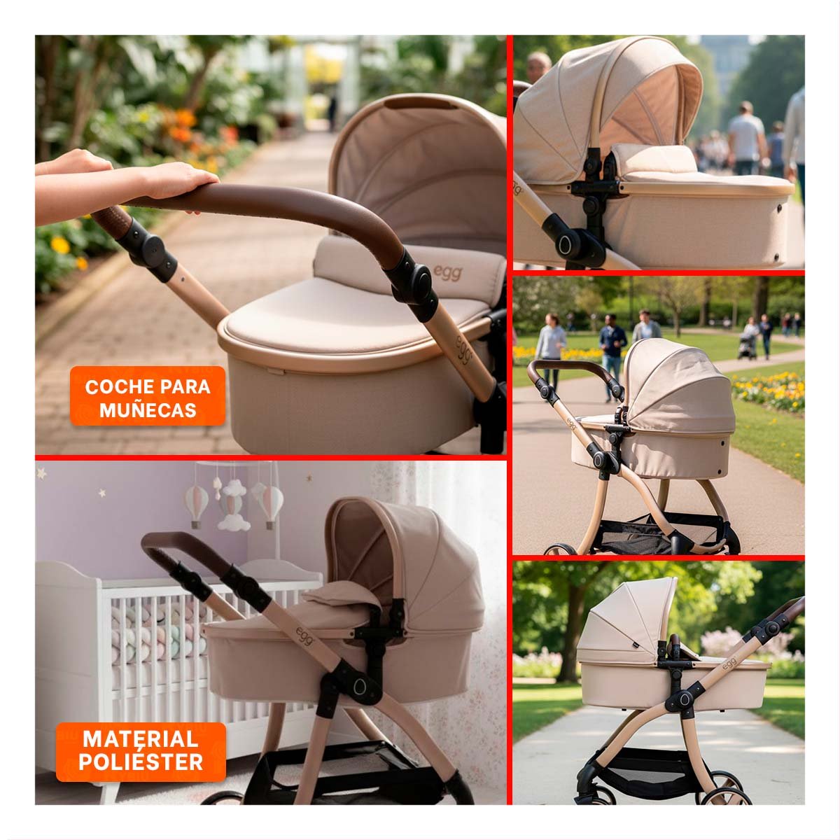 CARRO DE MUNECA CAPAZO BEIGE 79X48X84CM CON DISENO INFANTIL PARA JUEGO - 5