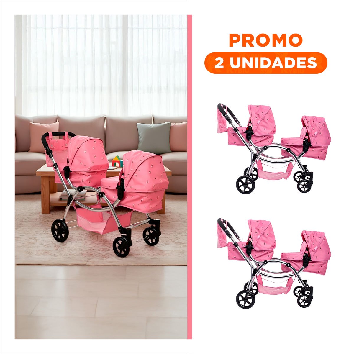 PACK2 PASEADOR DE MUNECA GEMELAR ROSADO 46X96X88CM ESTRUCTURA COMODA - 1