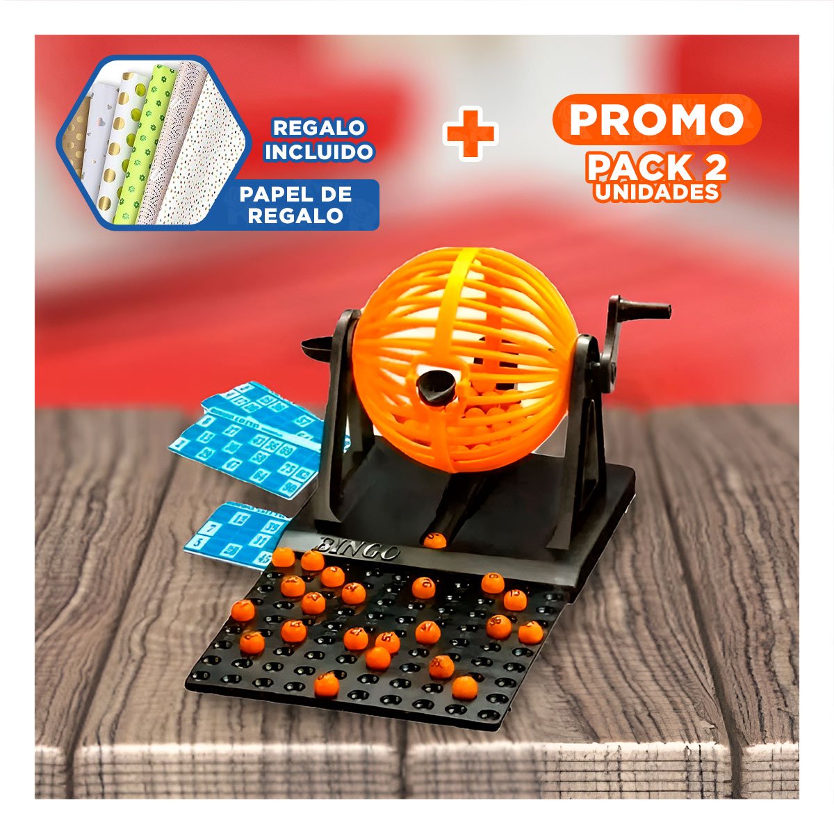 PACK2 KIT CLASICO BINGO LOTTO 90 NUMEROS CON 12 CARTAS ROJO PARA HOGAR Y+PAPEL REGALO - 1