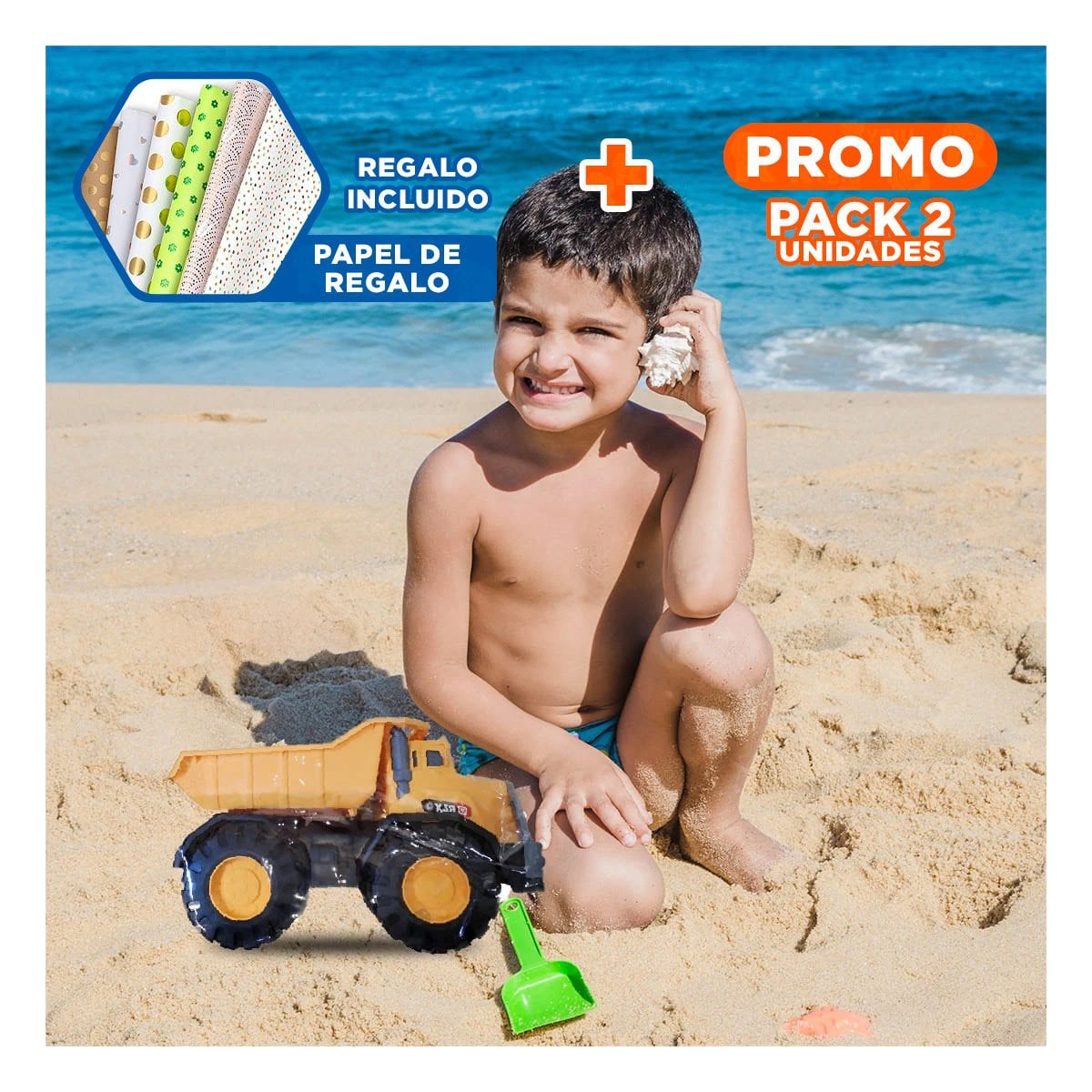 PACK2 MOVIL VOLQUETE AMARILLO DE JUGUETE EN BOLSA PARA CONSTRUCCION Y+PAPEL REGALO - 1