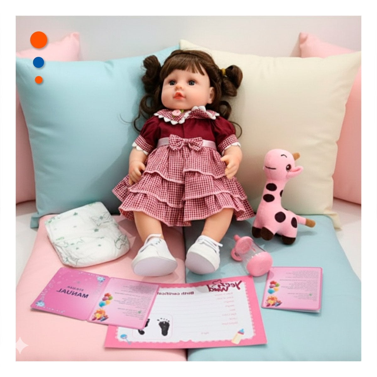MUÑECA REALISTA CON VESTIDO VOLADOS EN TONALIDAD GUINDA PARA SU COLECCION - 1