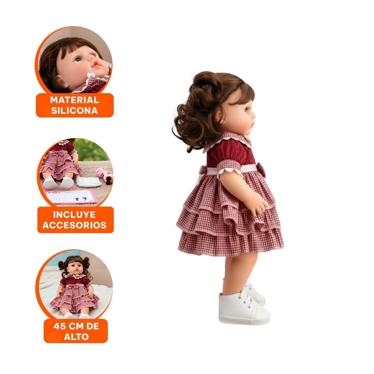 MUÑECA REALISTA CON VESTIDO VOLADOS EN TONALIDAD GUINDA PARA SU COLECCION - 3