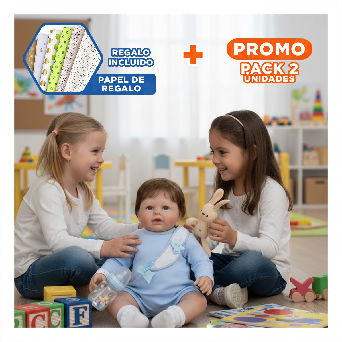 PACK2 PEQUEÑO COMPAÑERO 60CM CON PIJAMA Y BABERO CELESTE PARA TODOS LOS PADRES Y+PAPEL REGALO - 1