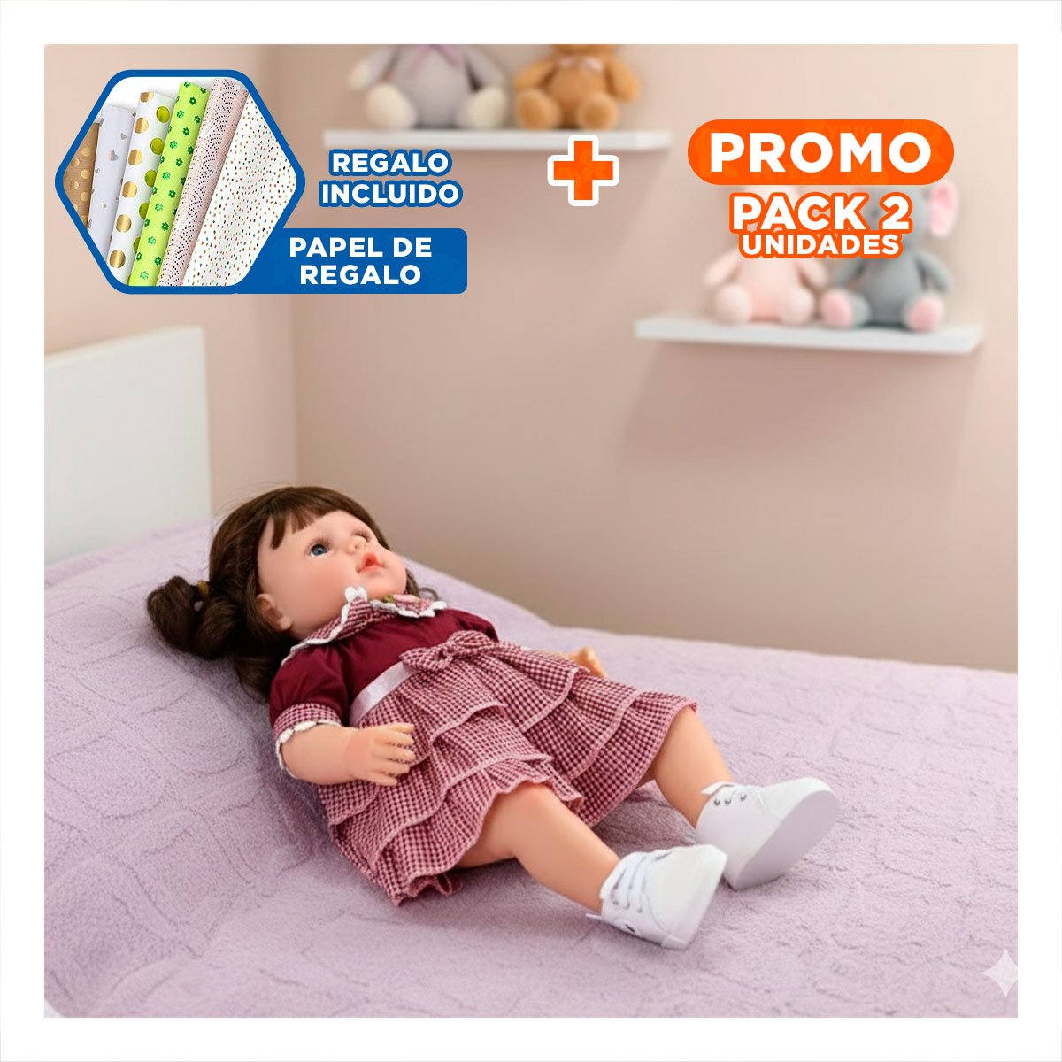 PACK2 PEQUEÑA COMPAÑERA CON VESTIDO VOLADOS GUINDA PARA LOS PADRES Y+PAPEL REGALO - 1