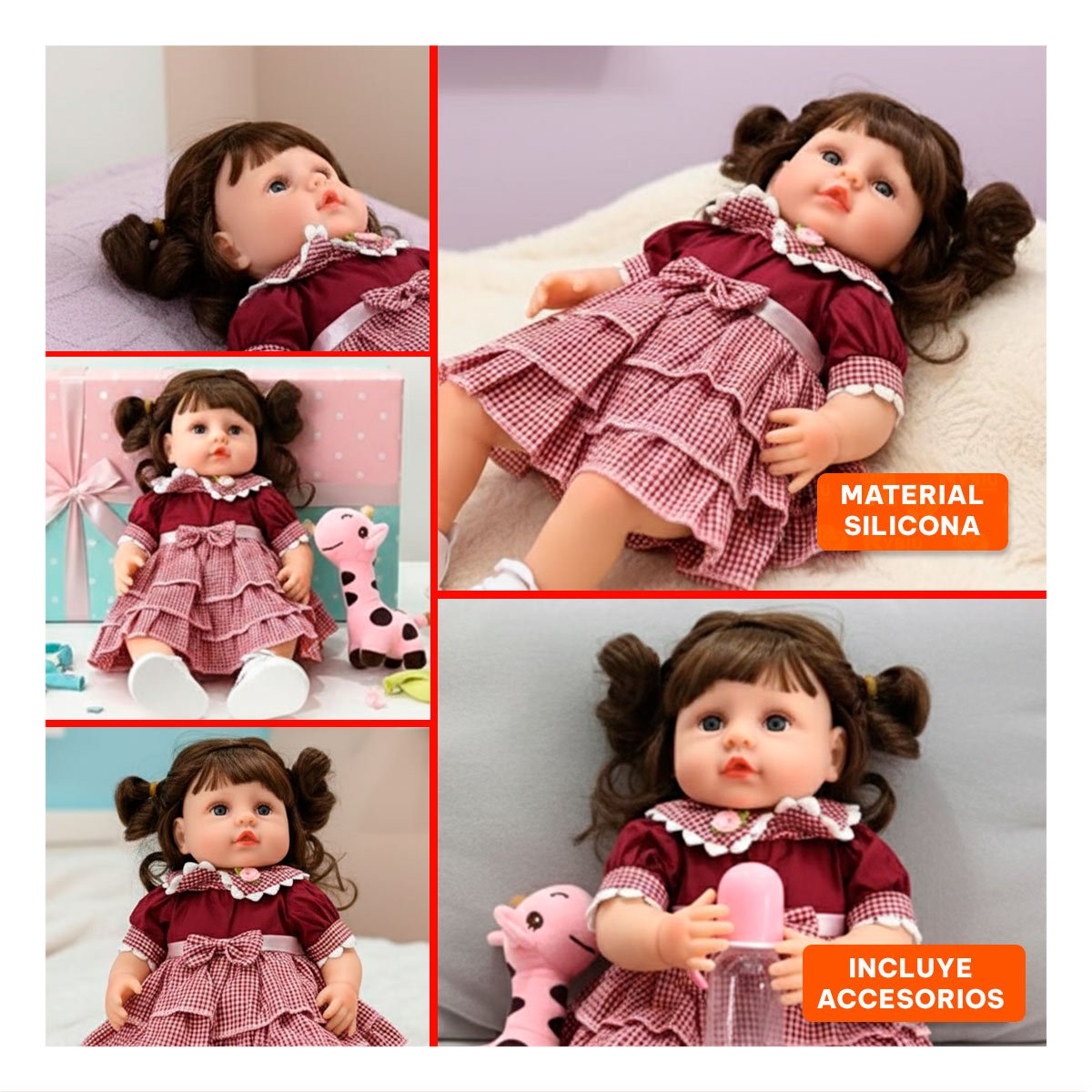 PACK2 PEQUEÑA COMPAÑERA CON VESTIDO VOLADOS GUINDA PARA LOS PADRES Y+PAPEL REGALO - 3