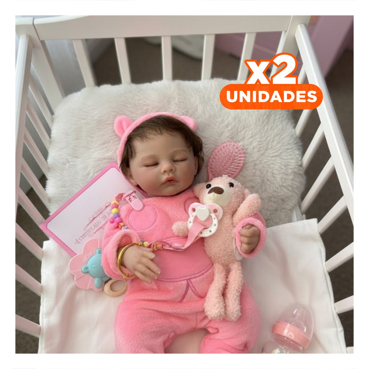 PACK2 RECIEN NACIDA SINTETICA 48CM CON PIJAMA ENTERIZO Y GORRO ROSADO Y+REGALO STICKER - 1