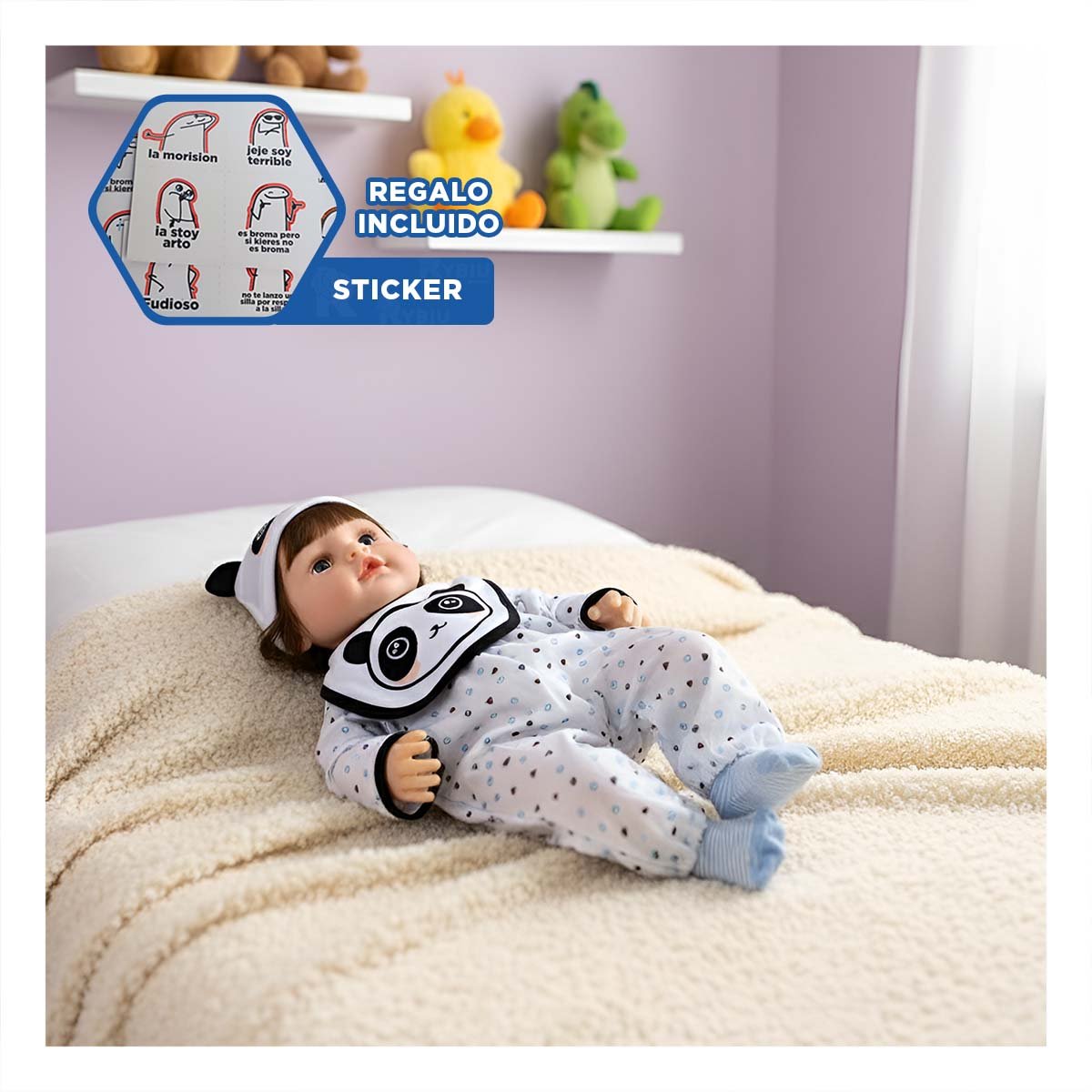 SET BEBE BLANCO CON CORAZONES Y GORRO PANDA PARA MAYOR COMODIDAD 45CM Y+REGALO STICKER - 1