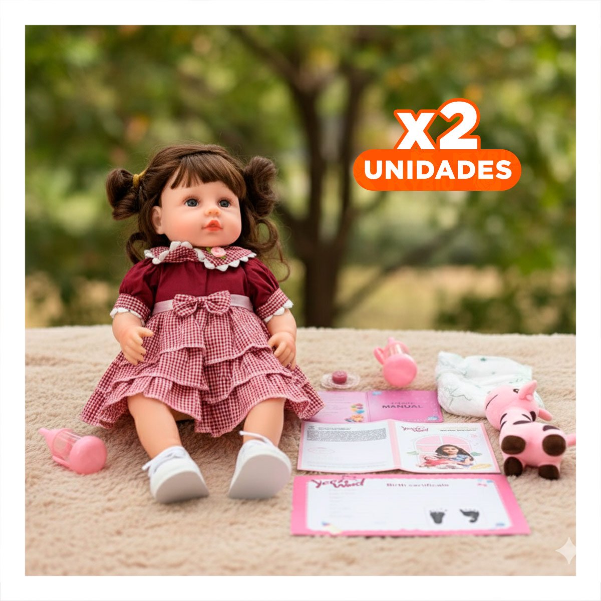 PACK2 RECIEN NACIDA SINTETICA CON VESTIDO VOLADOS GUINDA EN SU CASA Y+REGALO STICKER - 1