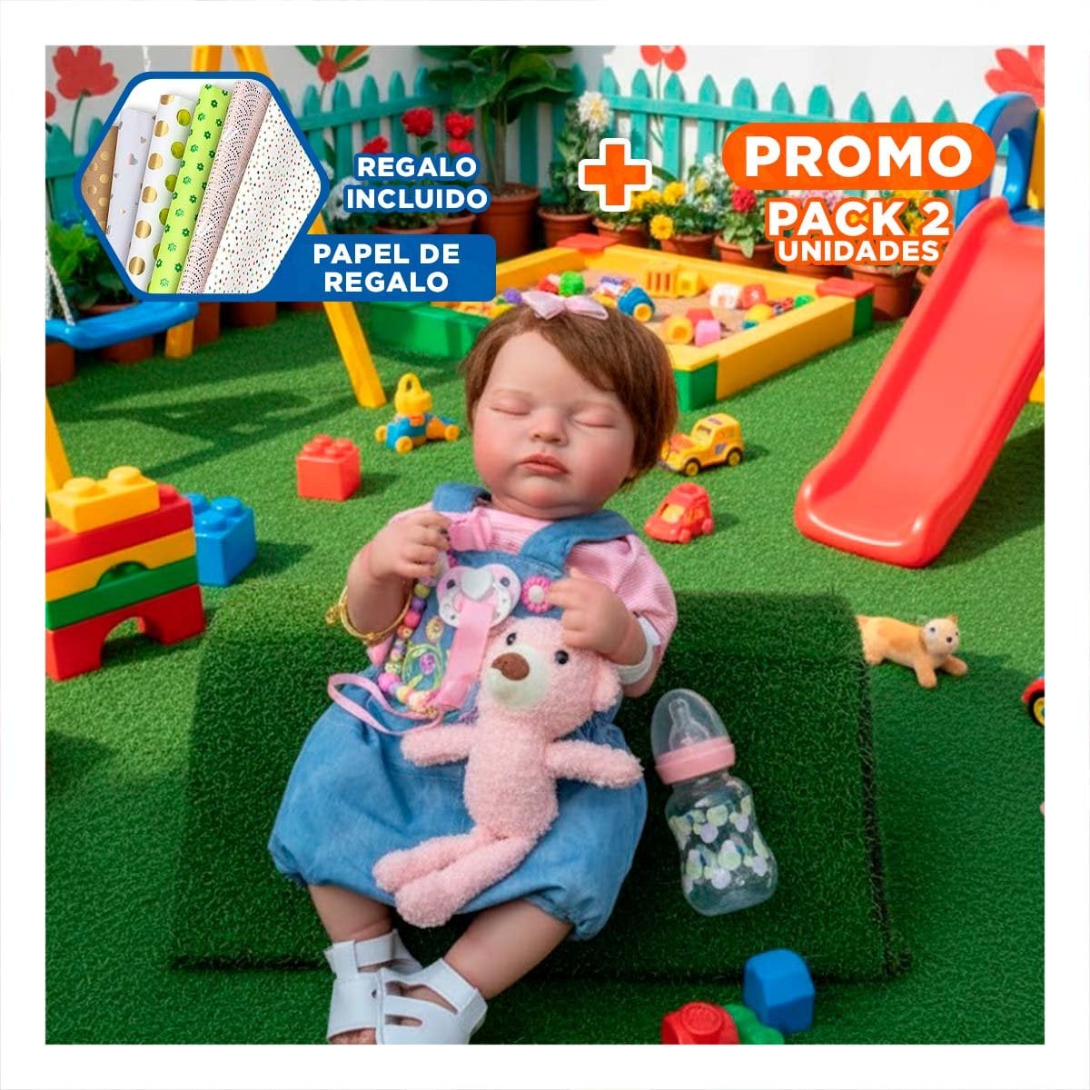 PACK2 PEQUEÑA COMPAÑERA 48CM CON OVEROL ROSADO Y CELESTE PARA TODOS LOS PADRES Y+PAPEL REGALO - 1
