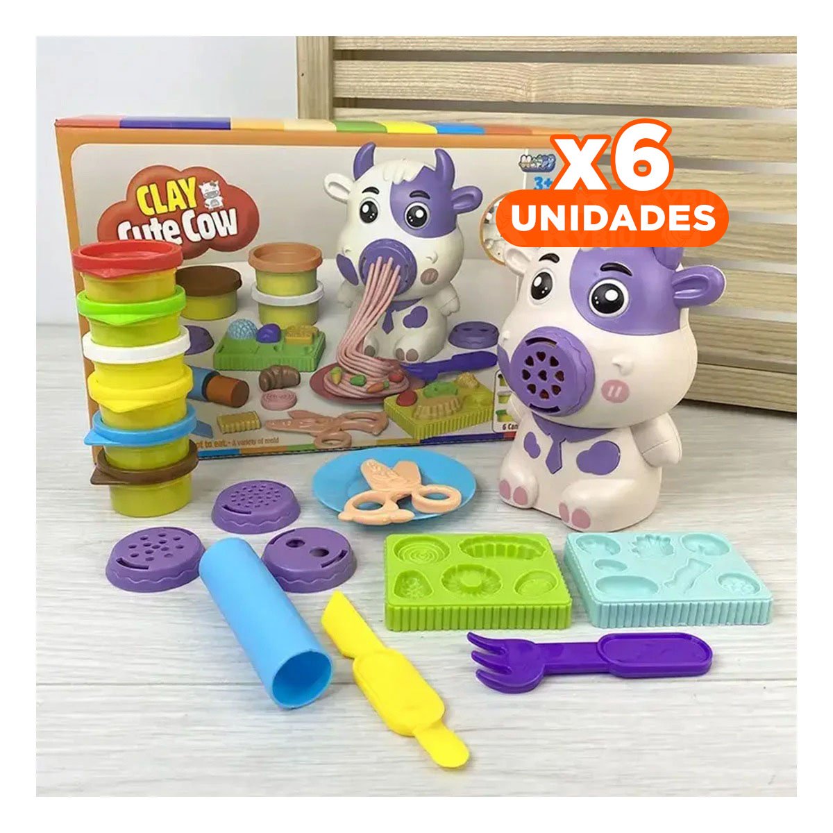 PACK6 MODELO DE PLASTILINA CON ACCESORIOS VACA PARA NINOS EN CASA Y+PAPEL REGALO - 1