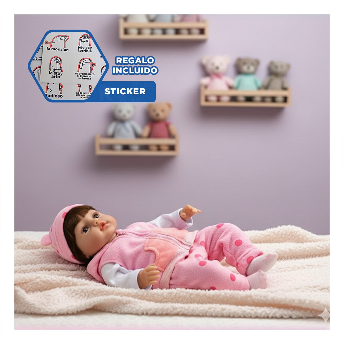 PEQUEÑA COMPAÑERA CON CHALECO Y PANTALON PUNTOS ROSADO EN SU DOMICILIO Y+REGALO STICKER - 1