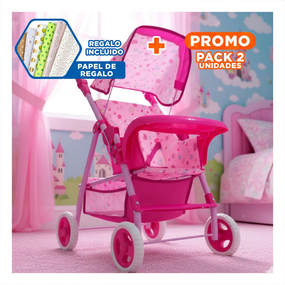PACK2 TRANSPORTE PARA MUÑECA CON ESTILO CARAMELOS PARA JUEGO ROSADO 68CM Y+PAPEL REGALO - 1
