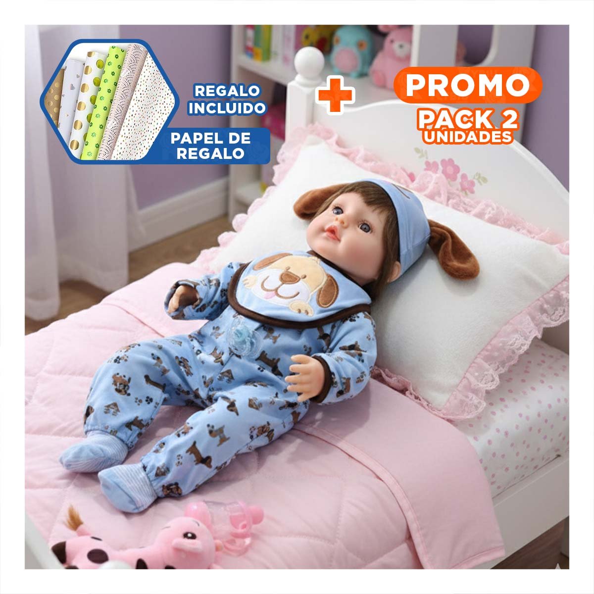 PACK2 ROPA BEBE CELESTE DULCE CON DISENO PERRO BABERO Y CORAZONES Y+PAPEL REGALO - 1