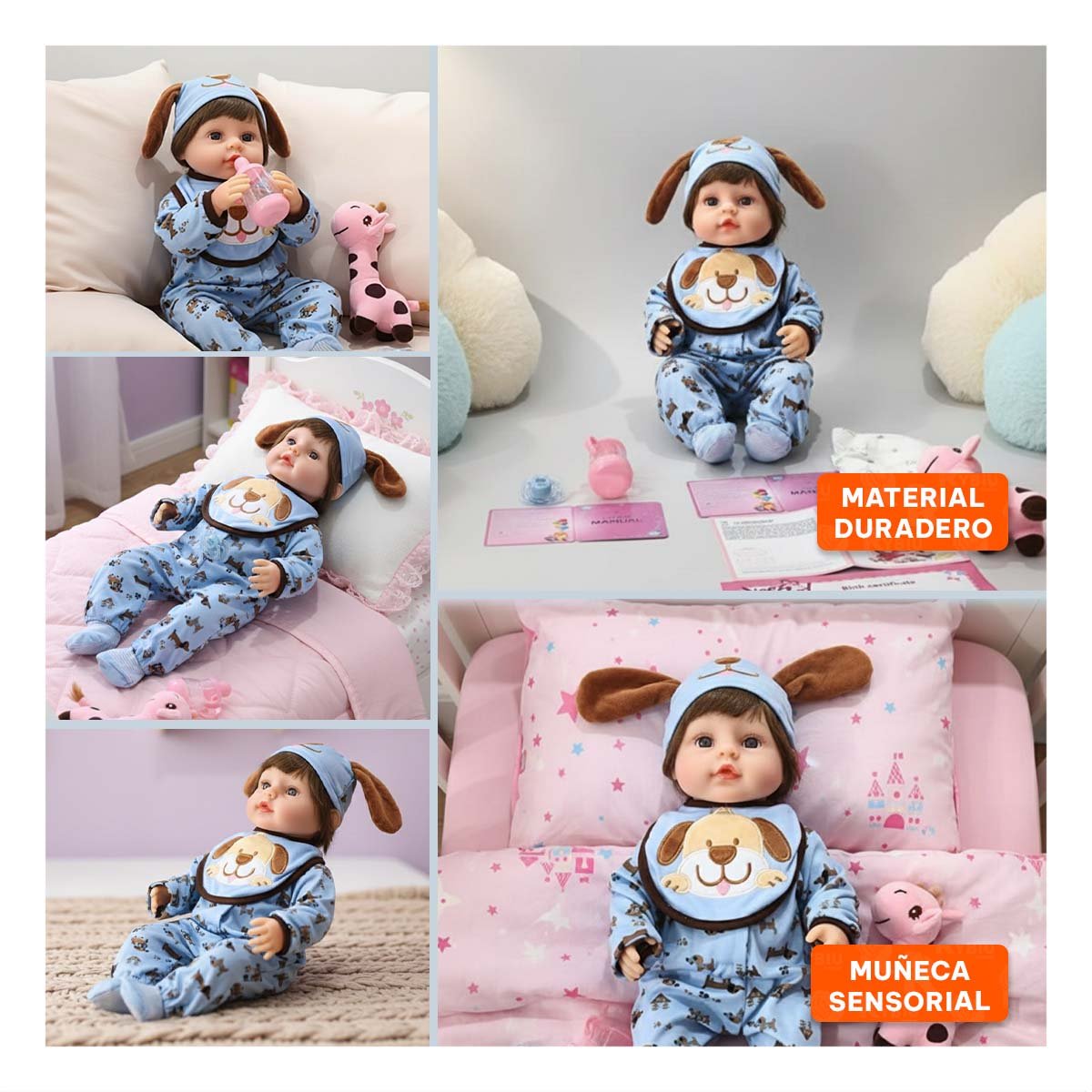 PACK2 ROPA BEBE CELESTE DULCE CON DISENO PERRO BABERO Y CORAZONES Y+PAPEL REGALO - 3