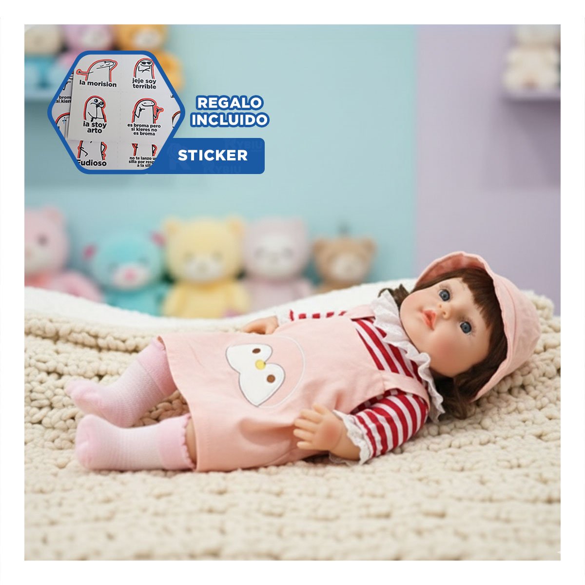 ATUENDO ROSADO OVEROL CON SOMBRERO Y POLO RAYAS PARA MUNECA 45CM Y+REGALO STICKER - 1
