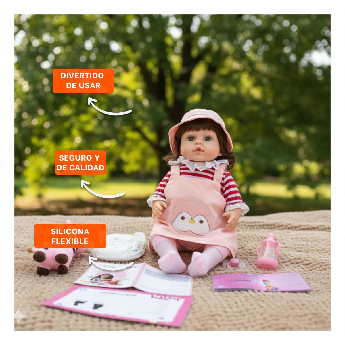ATUENDO ROSADO OVEROL CON SOMBRERO Y POLO RAYAS PARA MUNECA 45CM Y+REGALO STICKER - 5