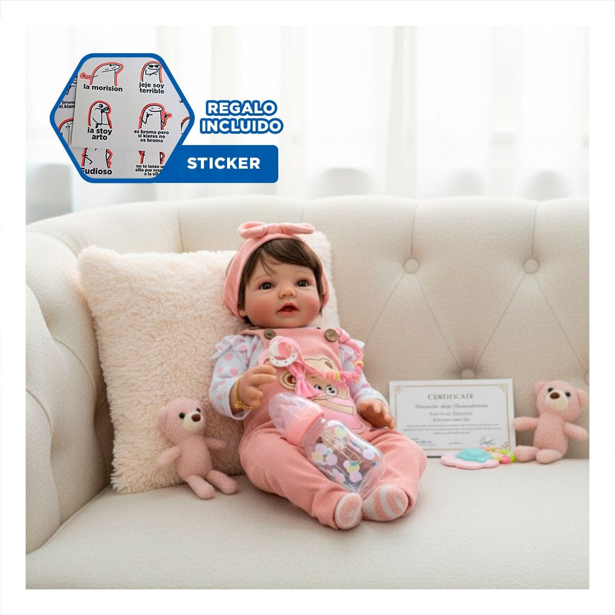 PEQUEÑA COMPAÑERA 48CM CON OVEROL Y POLO PUNTOS ROSADO EN SU DOMICILIO Y+REGALO STICKER - 1