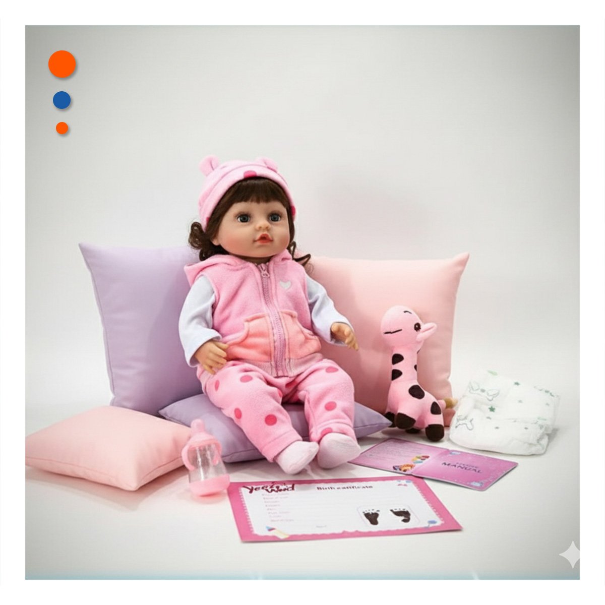 MUÑECA REALISTA CON CHALECO Y PANTALON PUNTOS ROSADO PARA SU COLECCION - 1