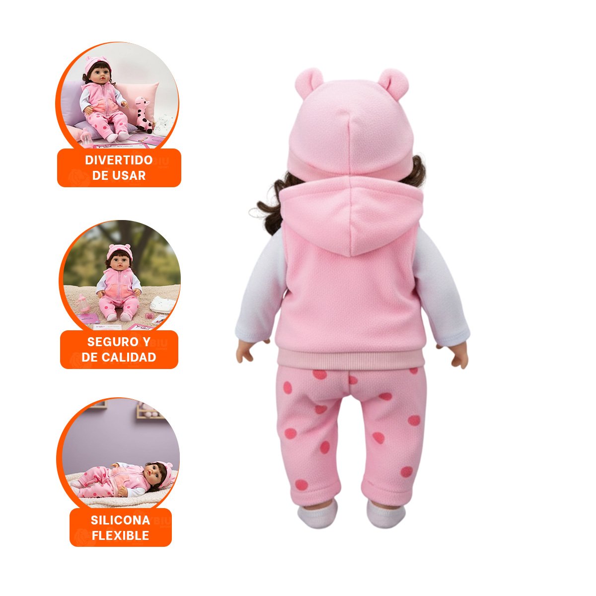 MUÑECA REALISTA CON CHALECO Y PANTALON PUNTOS ROSADO PARA SU COLECCION - 3