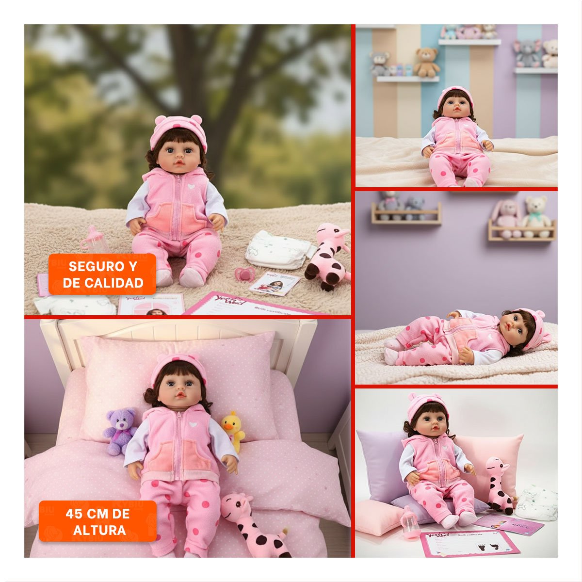 MUÑECA REALISTA CON CHALECO Y PANTALON PUNTOS ROSADO PARA SU COLECCION - 5