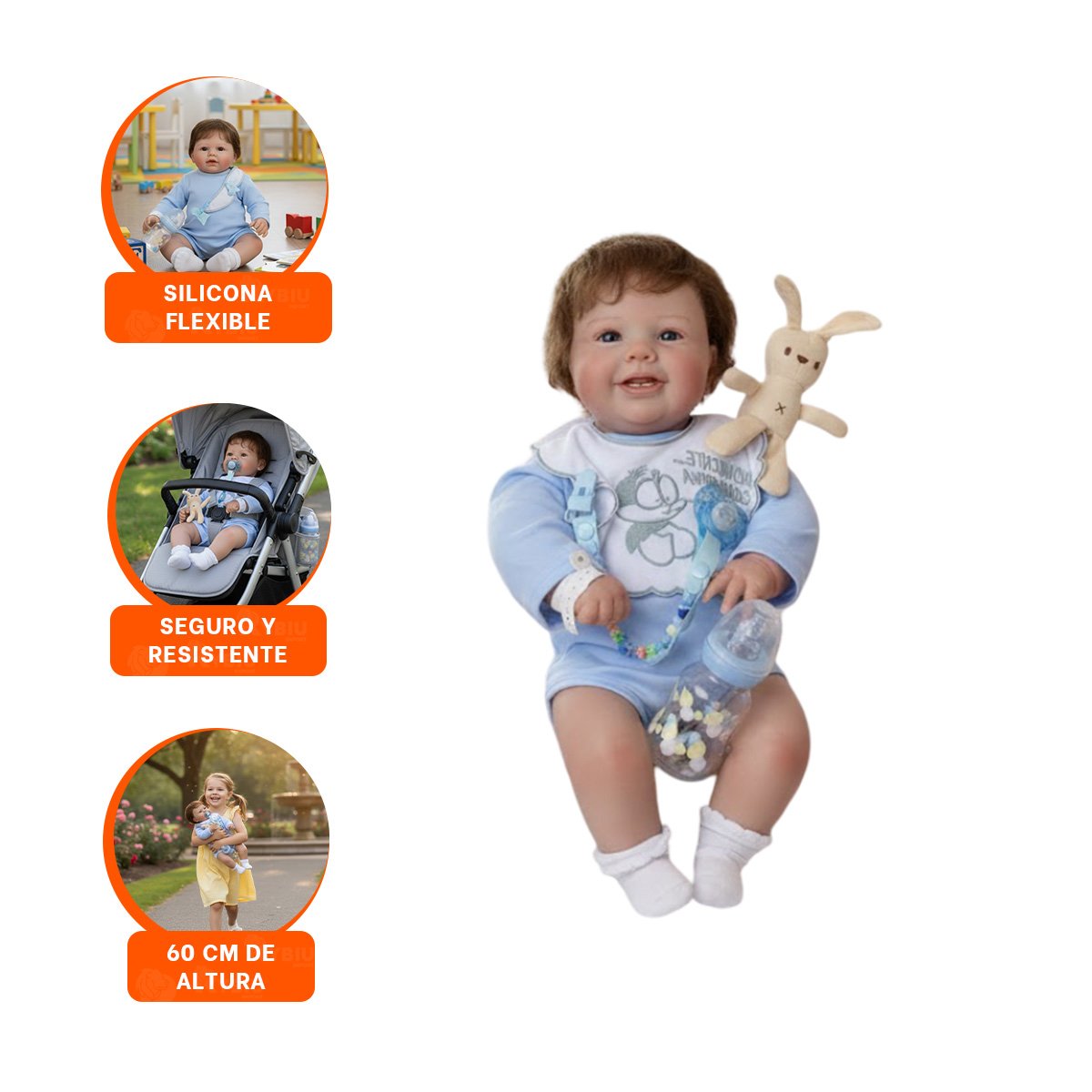 MUÑECO REALISTA 60CM CON PIJAMA Y BABERO CELESTE CON DETALLES REALES - 3