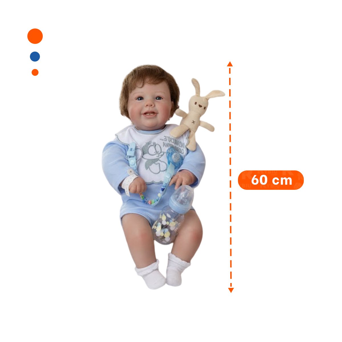MUÑECO REALISTA 60CM CON PIJAMA Y BABERO CELESTE CON DETALLES REALES - 4