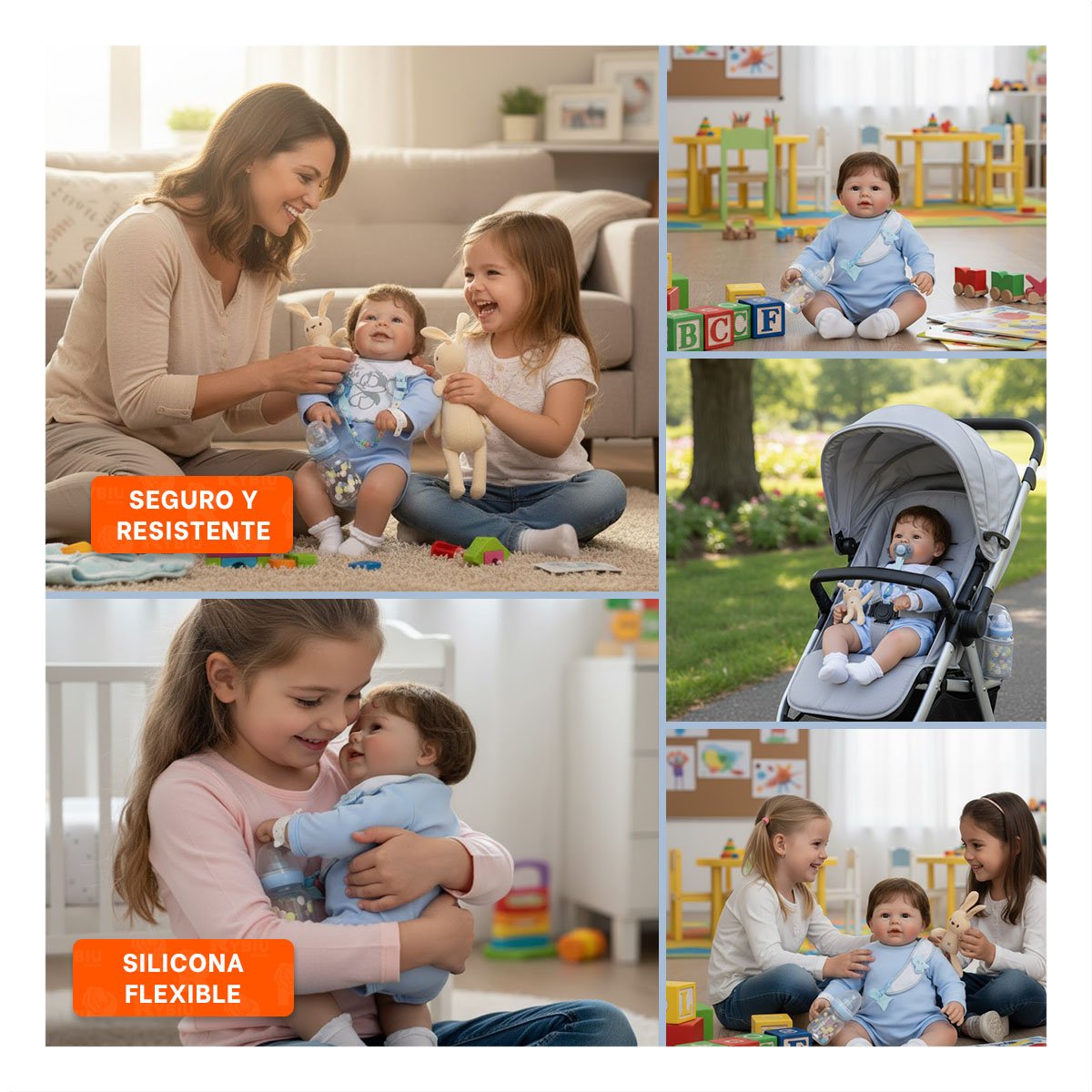 MUÑECO REALISTA 60CM CON PIJAMA Y BABERO CELESTE CON DETALLES REALES - 5