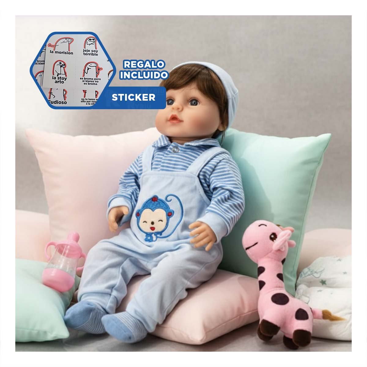 OVERALL BEBE CELESTE CON POLO RAYAS DISENO SUAVE PARA USO DIARIO Y+REGALO STICKER - 1