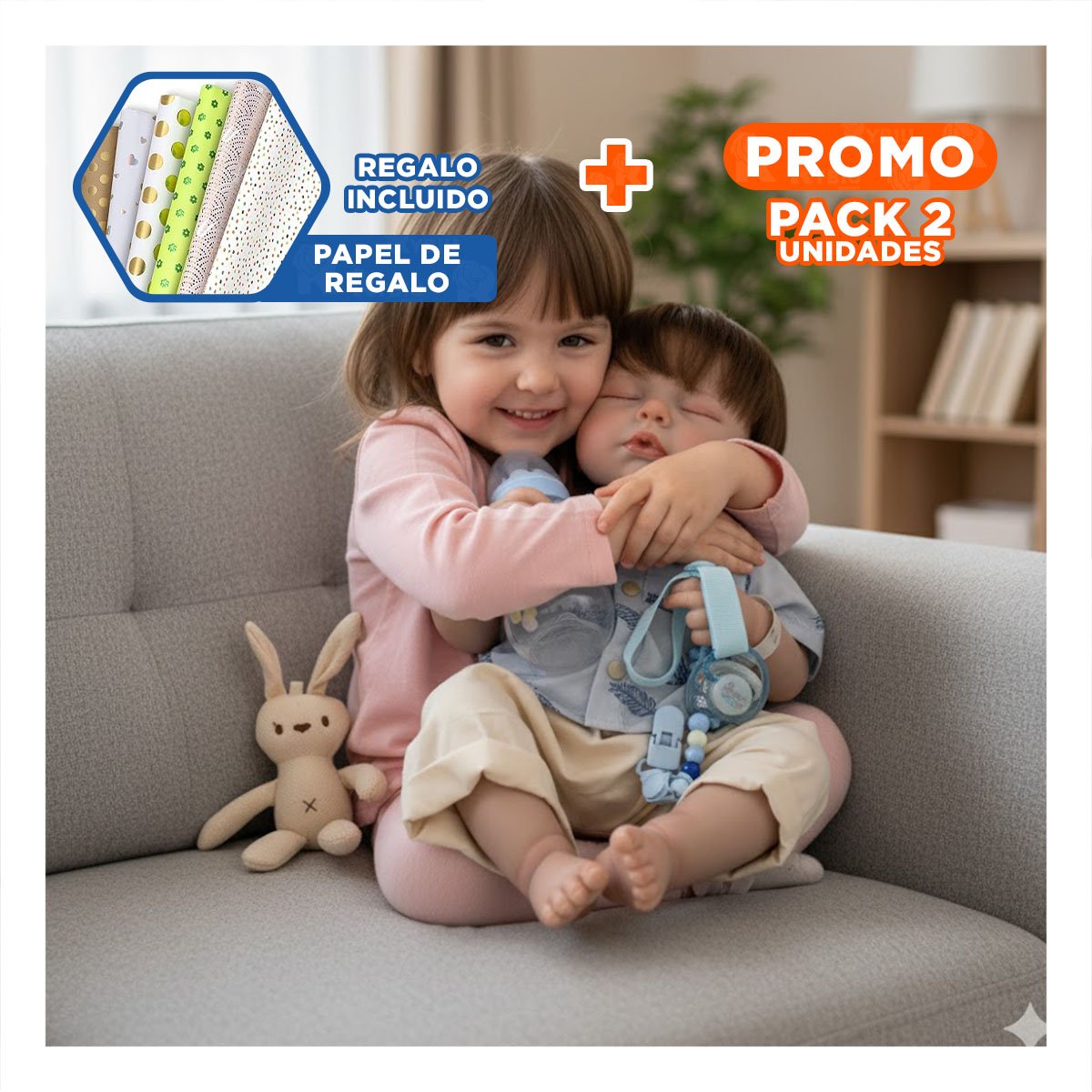 PACK2 PEQUEÑO COMPAÑERO 48CM CON CAMISA HOJAS CELESTE Y BEIGE PARA PADRES Y+PAPEL REGALO - 1