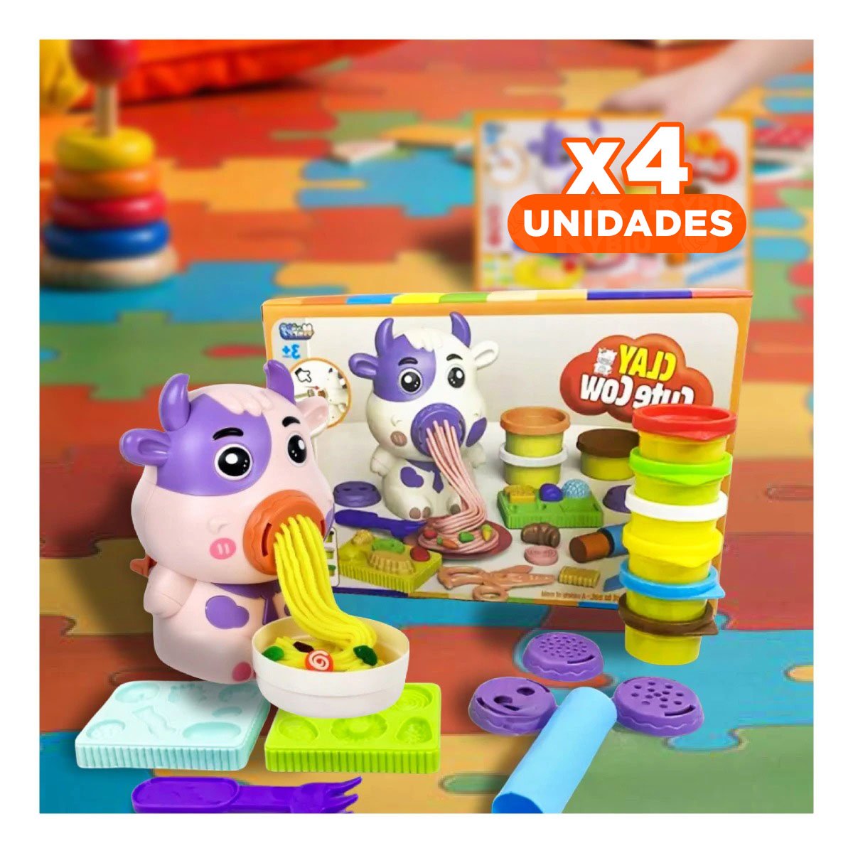 PACK4 MATERIAL DE JUEGO DE PLASTILINA CON ACCESORIOS VACA PARA NINOS Y+REGALO STICKER - 1