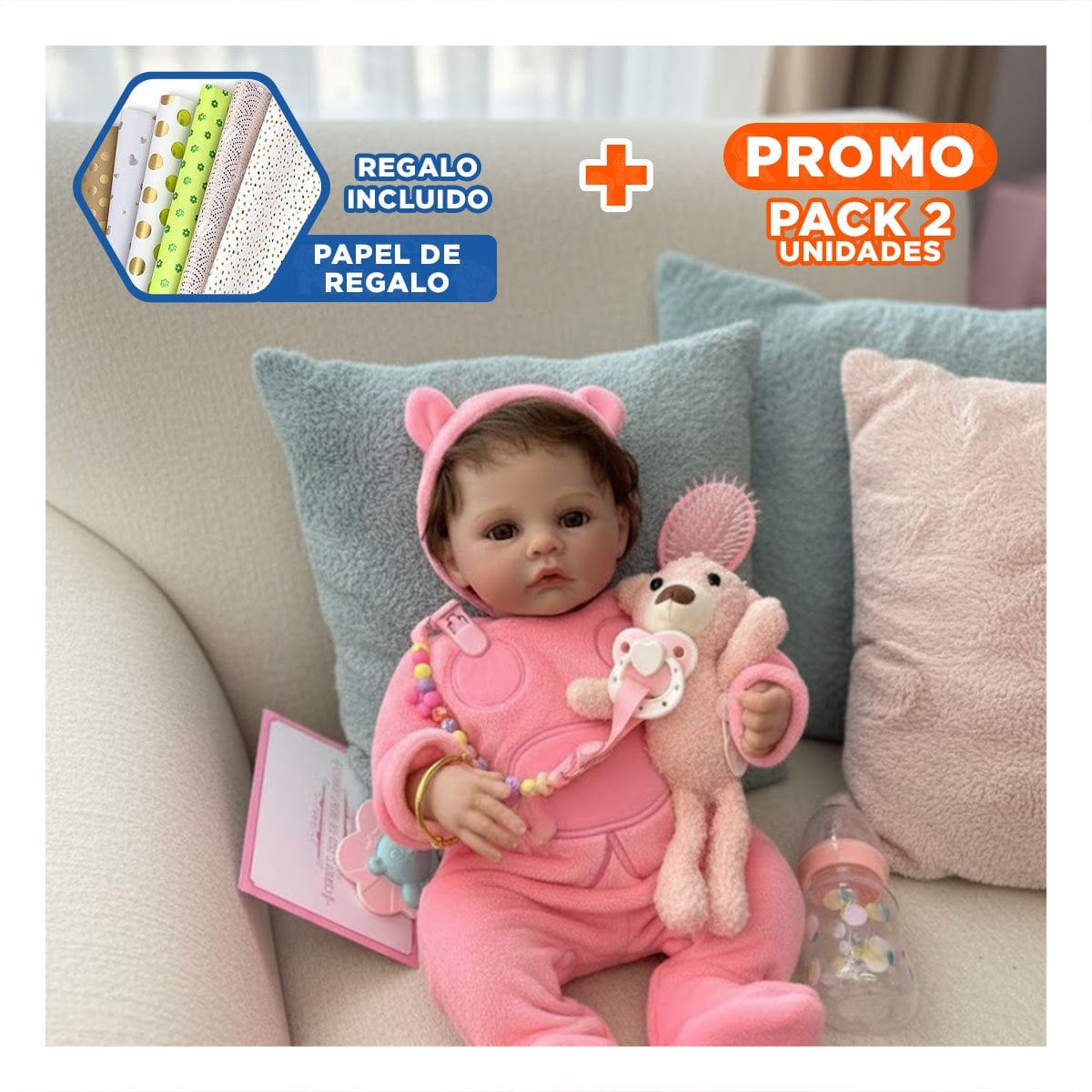 PACK2 PEQUEÑA COMPAÑERA 48CM CON PIJAMA ENTERIZO Y GORRO ROSADO PARA LOS PADRES Y+PAPEL REGALO - 1