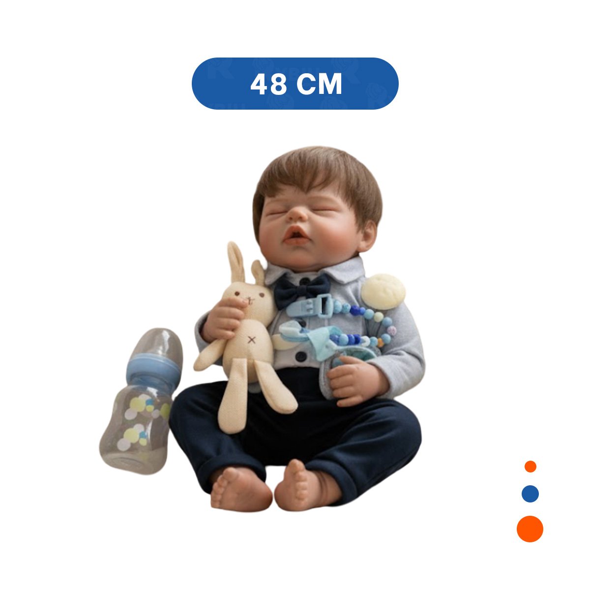 PACK2 RECIEN NACIDO SINTETICO 48CM CON ROPA FORMAL PLOMO Y AZUL NOCHE EN CASA Y+REGALO STICKER - 4
