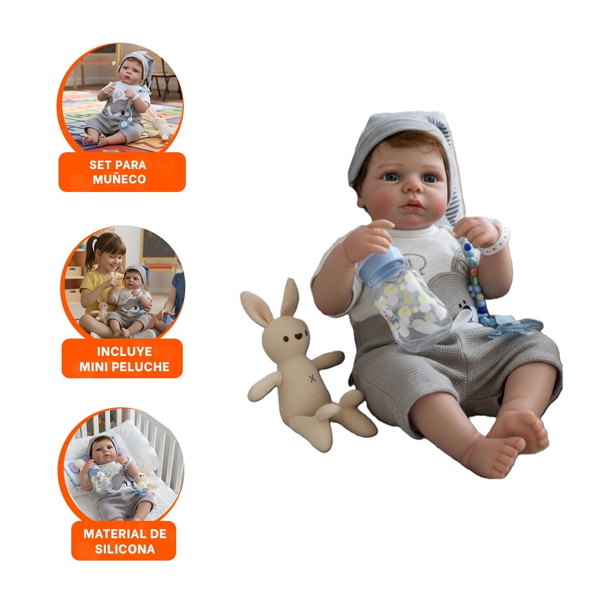 MUÑECO REALISTA 48CM CON POLO OSITO Y GORRO PLOMO PARA SU COLECCION REAL - 3
