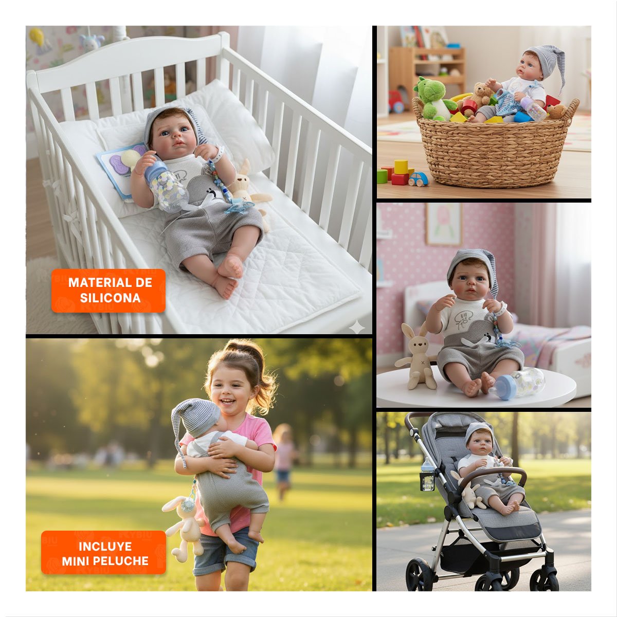 MUÑECO REALISTA 48CM CON POLO OSITO Y GORRO PLOMO PARA SU COLECCION REAL - 5