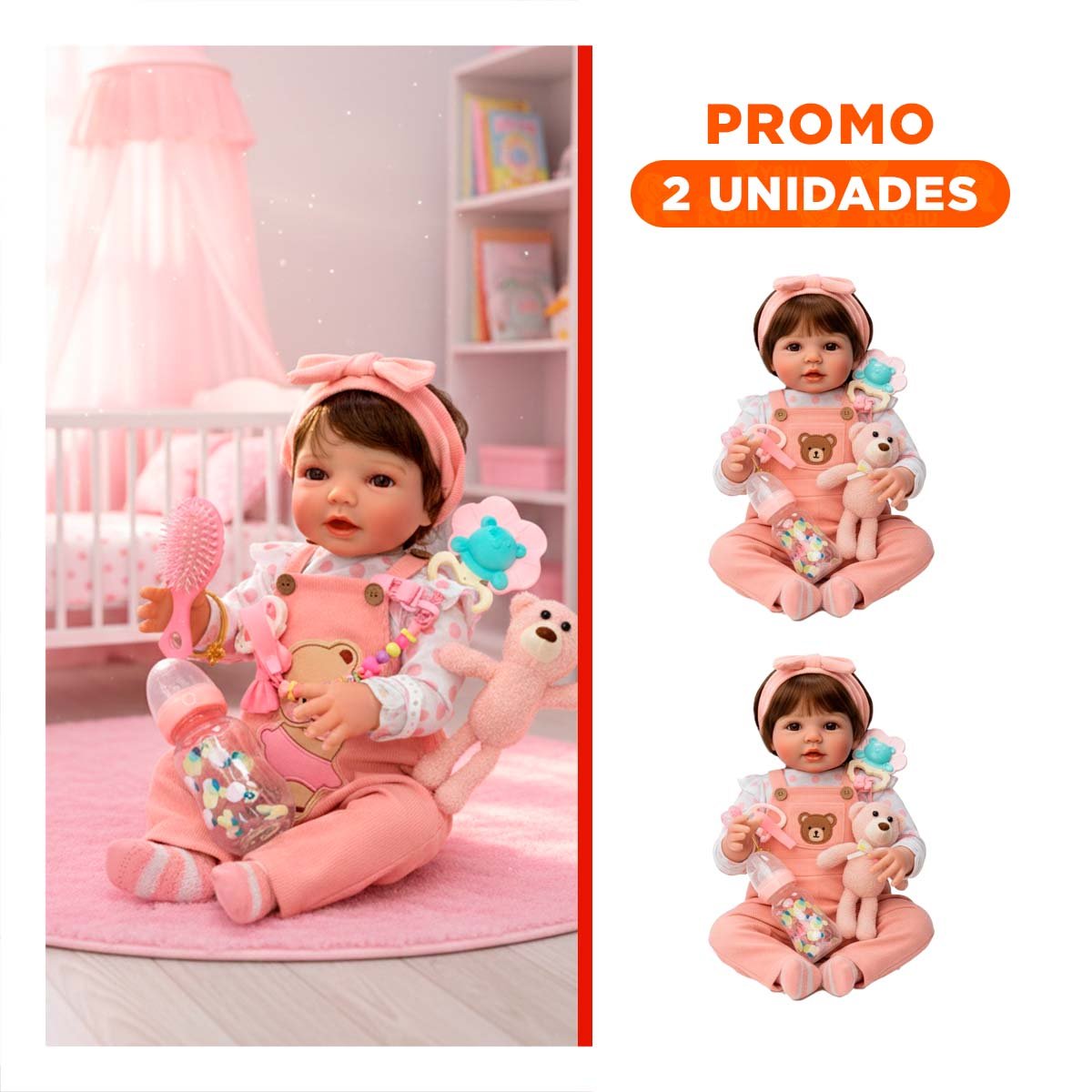 PACK2 PEQUEÑA COMPAÑERA 48CM CON OVEROL Y POLO PUNTOS ROSADO PARA RECREO SANO - 1