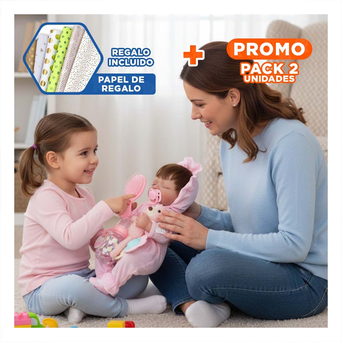 PACK2 PEQUEÑA COMPAÑERA 48CM CON ENTERIZO Y GORRO ROSADO PARA TODOS LOS PADRES Y+PAPEL REGALO - 1