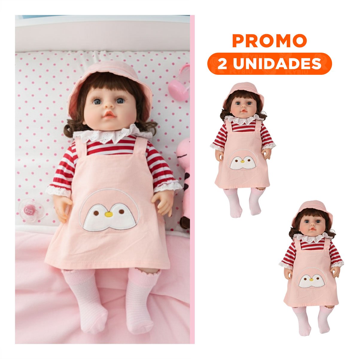 PACK2 ATUENDO PARA MUNECA OVEROL ROSADO CON SOMBRERO Y POLO RAYAS - 1