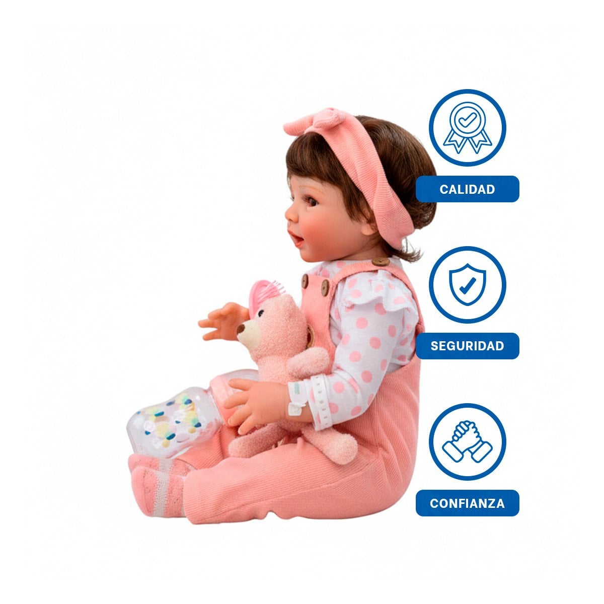 PEQUEÑA COMPAÑERA 48CM CON OVEROL Y POLO PUNTOS ROSADO FELICIDAD HIJOS Y+LIGAS REGALO - 3