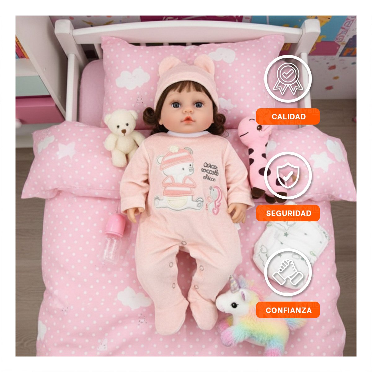 MUNECO BEBE YESSY CON ENTERIZO OSITO Y GORRO ROSADO PARA REGALO Y+PAPEL REGALO - 3