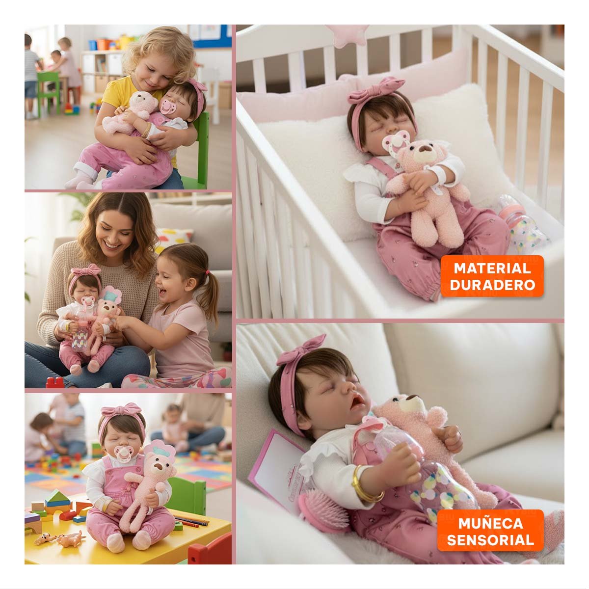 PEQUEÑA COMPAÑERA 48CM CON PANTALON FLORCITAS Y LAZO ROSADO FELICIDAD HIJOS Y+LIGAS REGALO - 5